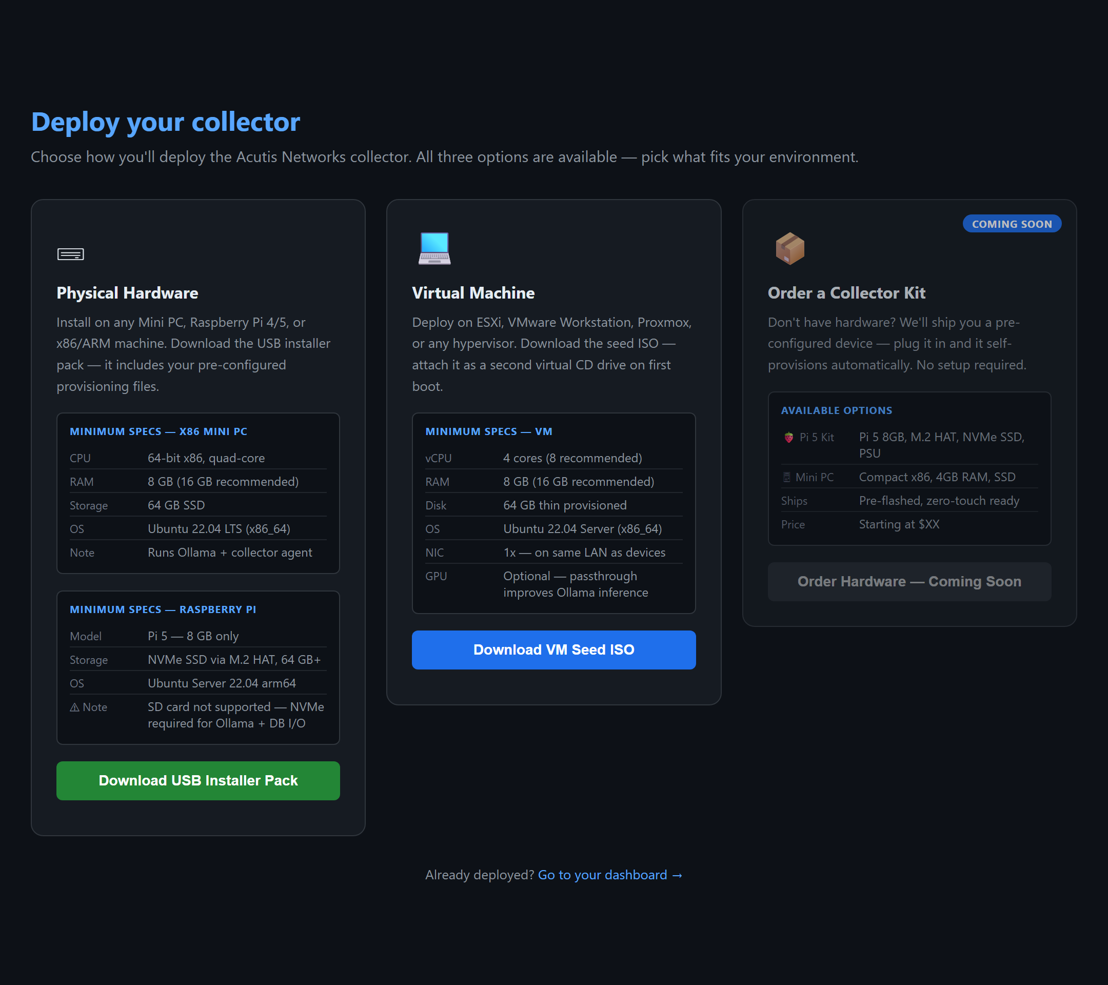 The "Deploy your collector" screen — pick Physical Hardware and click Download USB Installer Pack